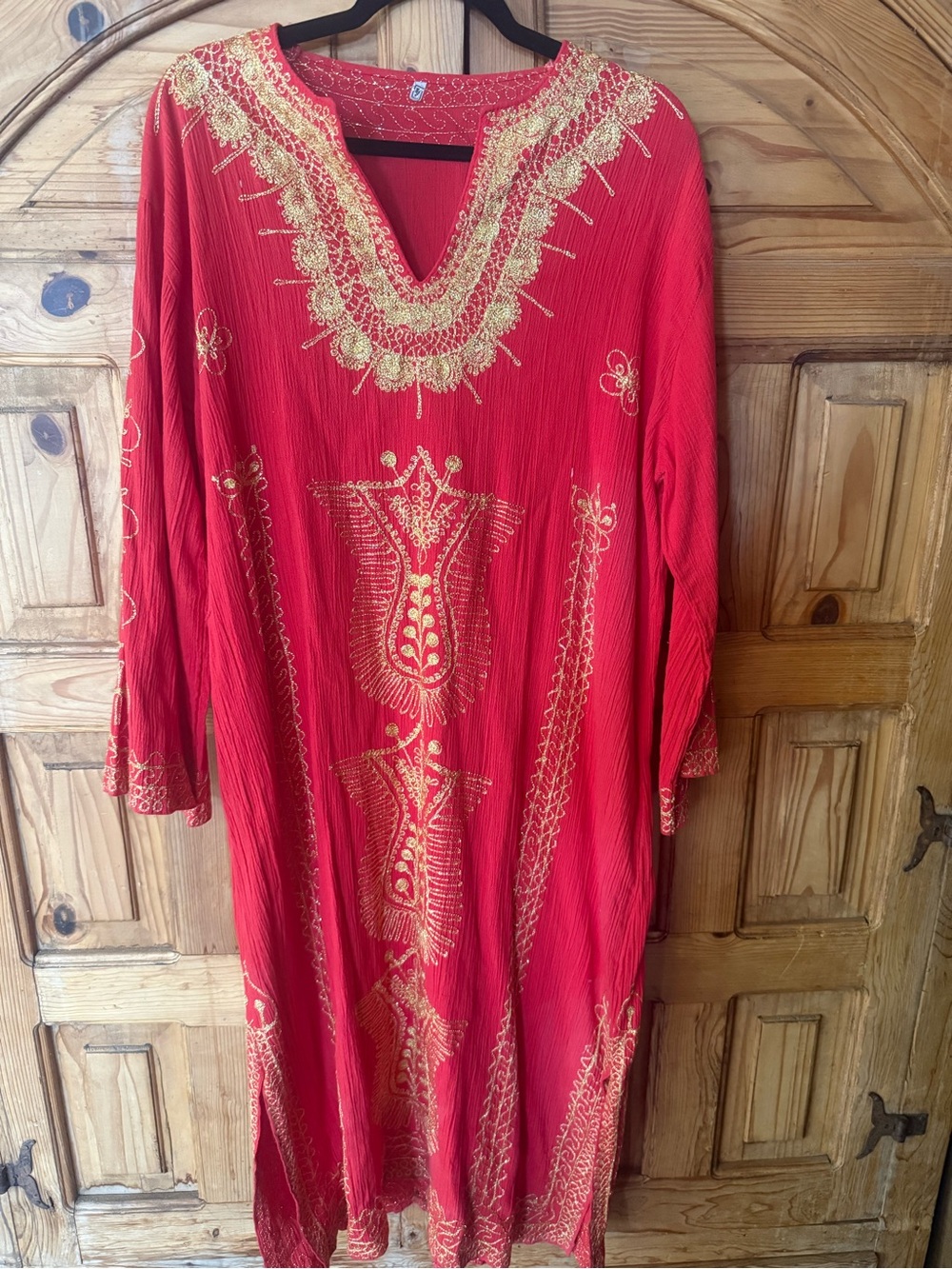 Red Embroidered V-Neck Women’s Tunic dress- Gold Stitching